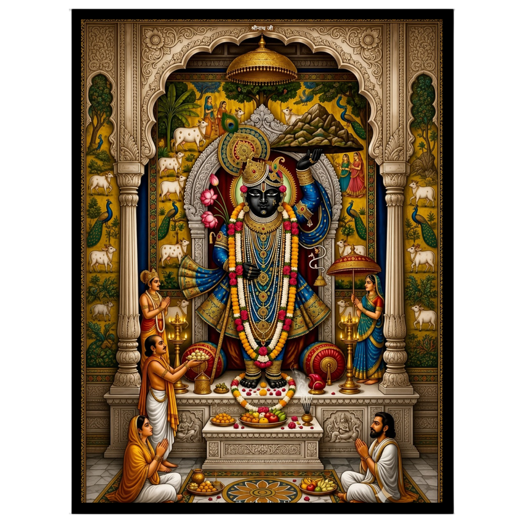 Immerse yourself in the divine grace of Shrinathji depicted in this exquisite Pichwai artwork. This for lovely-house