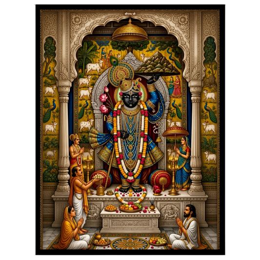 Immerse yourself in the divine grace of Shrinathji depicted in this exquisite Pichwai artwork. This for lovely-house