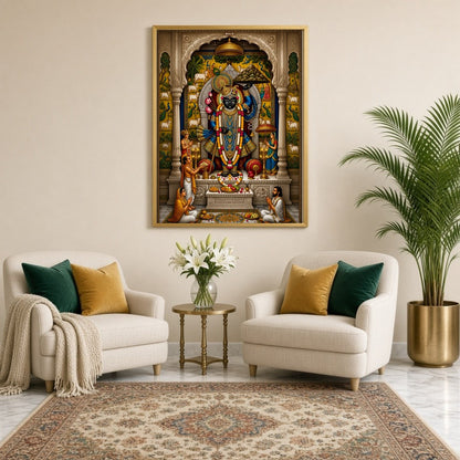 Immerse yourself in the divine grace of Shrinathji depicted in this exquisite Pichwai artwork. This for Sitting Lounge