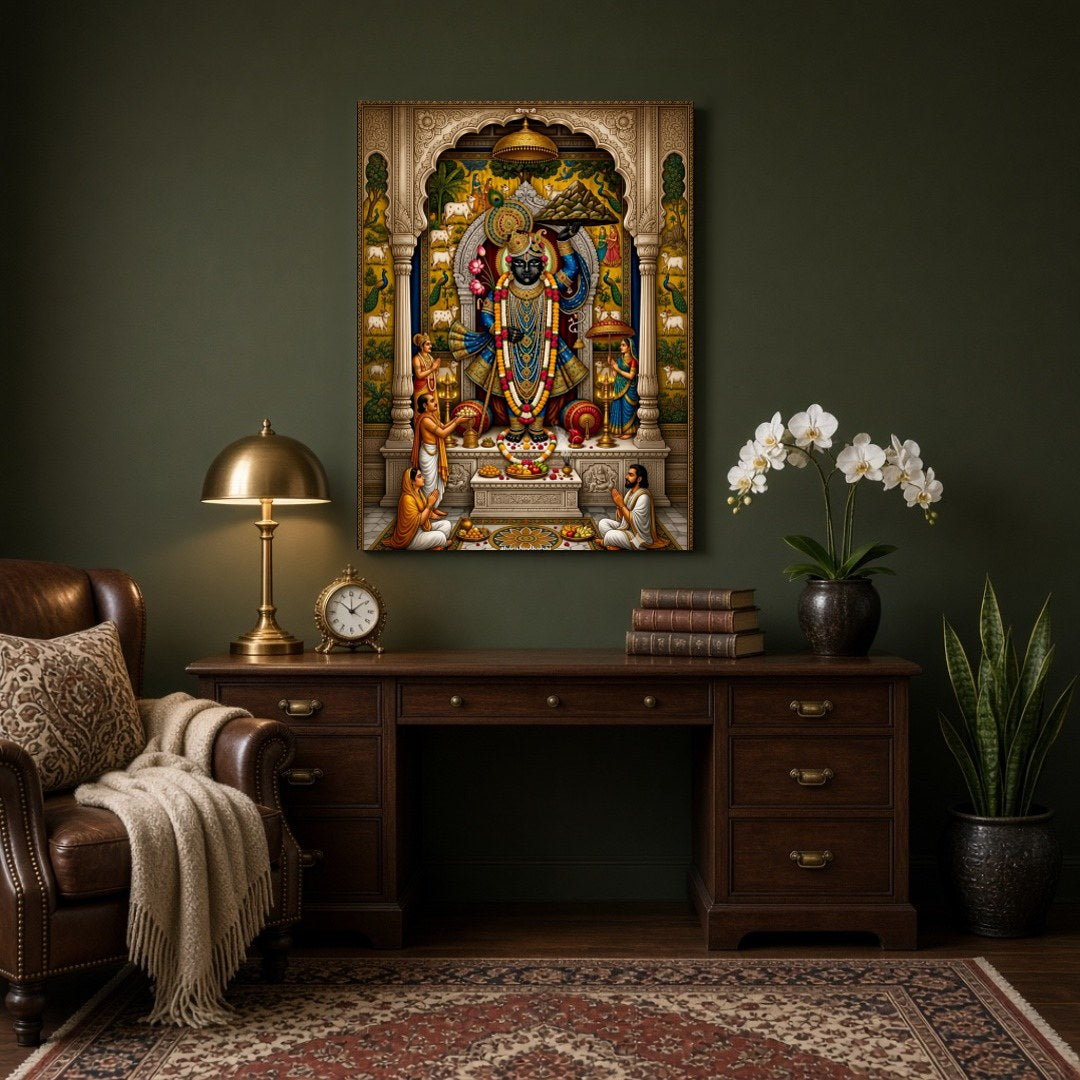 Immerse yourself in the divine grace of Shrinathji depicted in this exquisite Pichwai artwork. This for Study