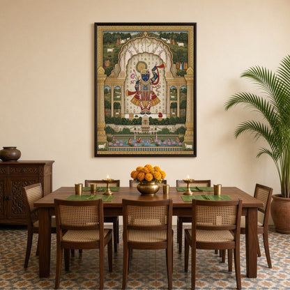 Immerse yourself in the celestial elegance of Shrinathji, graced with a lotus and flute, set amidst for Dining