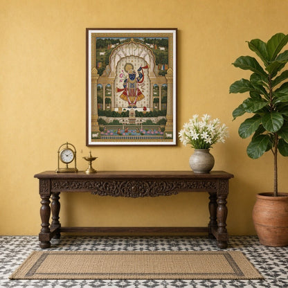 Immerse yourself in the celestial elegance of Shrinathji, graced with a lotus and flute, set amidst for Entrance