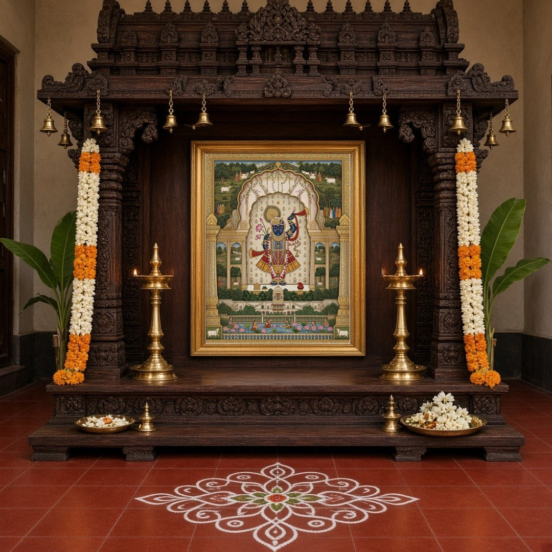 Immerse yourself in the celestial elegance of Shrinathji, graced with a lotus and flute, set amidst for Home Temple