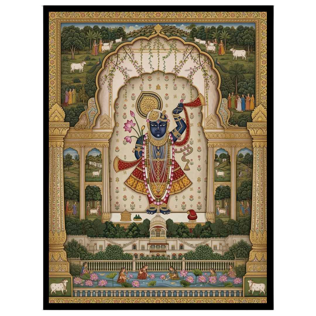Immerse yourself in the celestial elegance of Shrinathji, graced with a lotus and flute, set amidst for kitchen