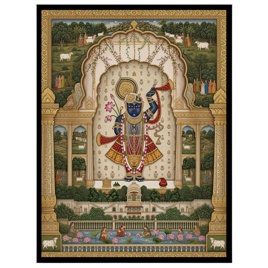 Immerse yourself in the celestial elegance of Shrinathji, graced with a lotus and flute, set amidst for kitchen