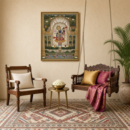 Immerse yourself in the celestial elegance of Shrinathji, graced with a lotus and flute, set amidst for Sitting Lounge