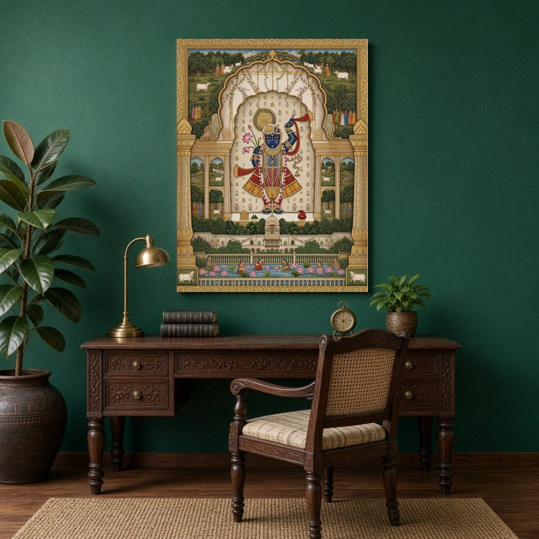 Immerse yourself in the celestial elegance of Shrinathji, graced with a lotus and flute, set amidst for Study