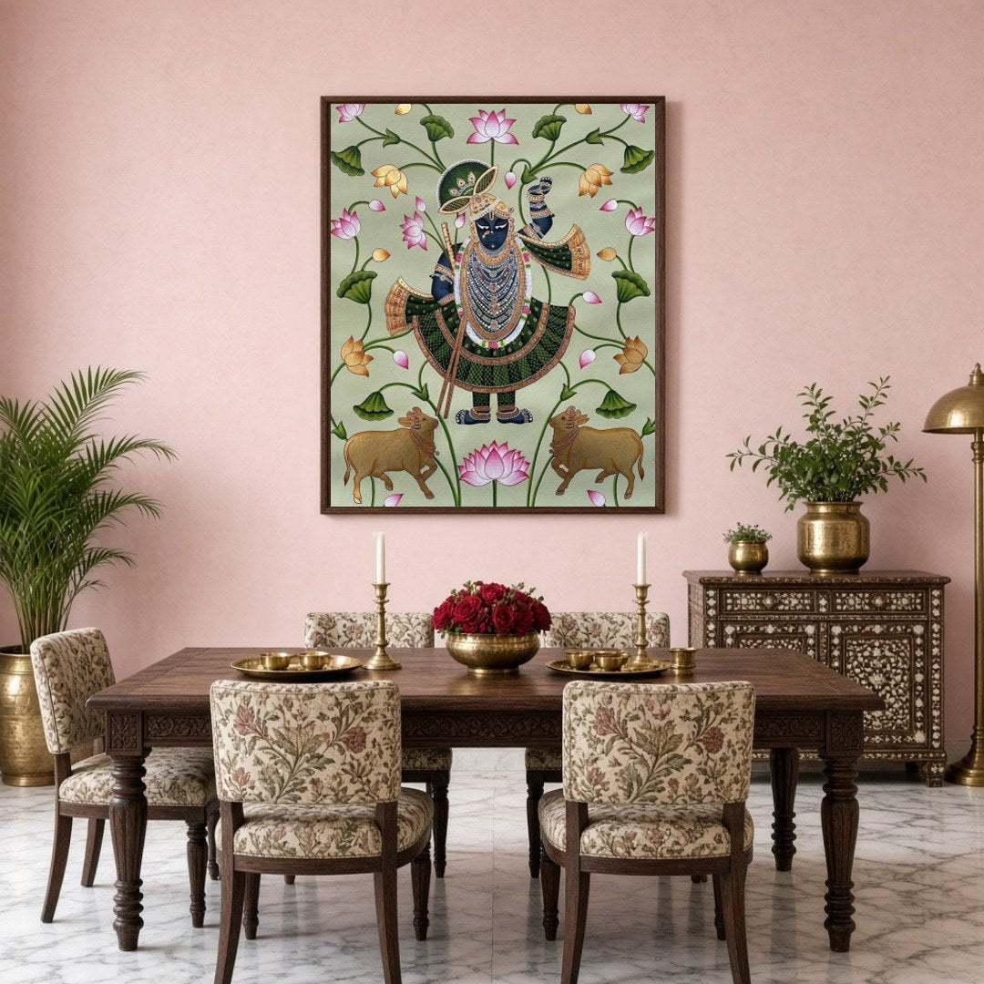 This captivating Pichwai artwork beautifully portrays Shrinathji amidst sacred blossoming lotuses for Dining