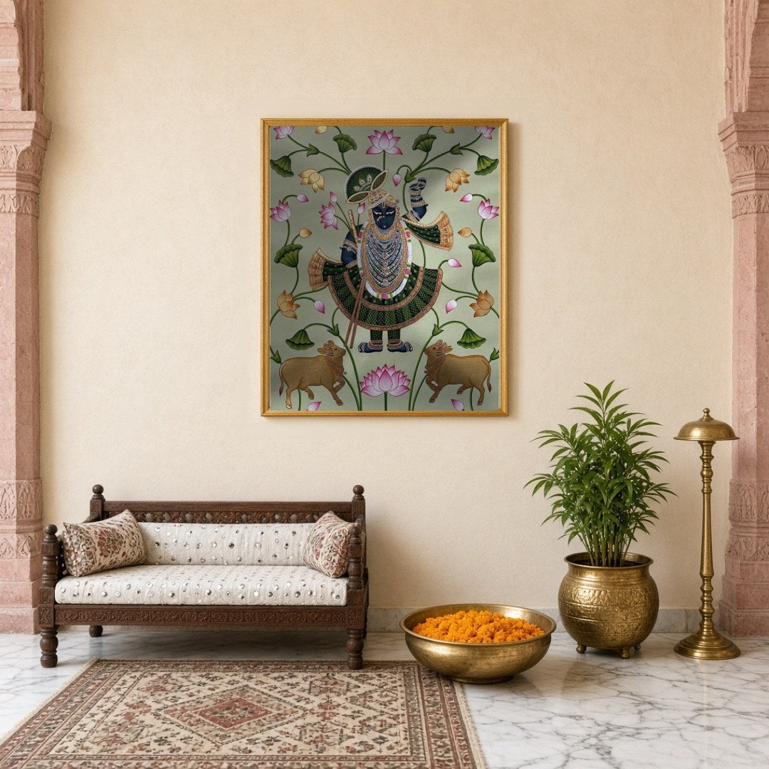 This captivating Pichwai artwork beautifully portrays Shrinathji amidst sacred blossoming lotuses for Entrance