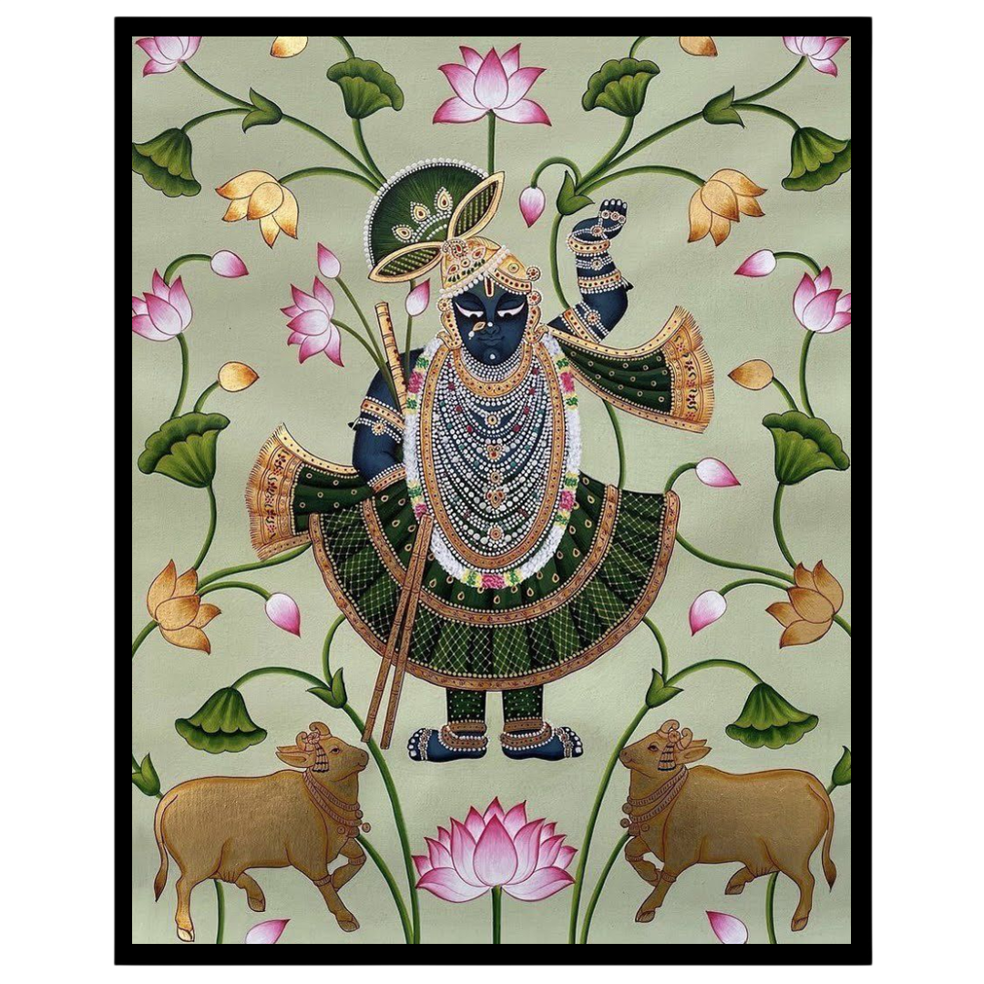This captivating Pichwai artwork beautifully portrays Shrinathji amidst sacred blossoming lotuses for home