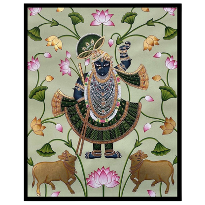 This captivating Pichwai artwork beautifully portrays Shrinathji amidst sacred blossoming lotuses for home