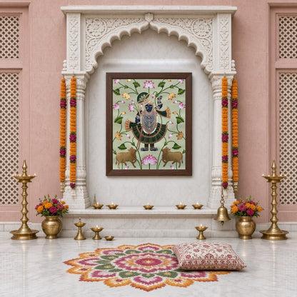 This captivating Pichwai artwork beautifully portrays Shrinathji amidst sacred blossoming lotuses for Home Temple