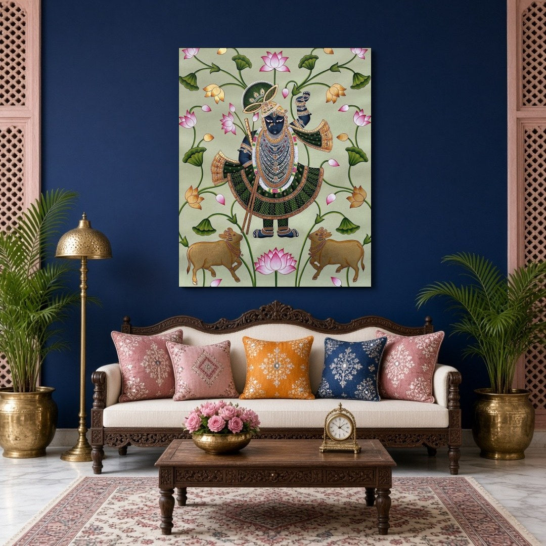 This captivating Pichwai artwork beautifully portrays Shrinathji amidst sacred blossoming lotuses for Living Room