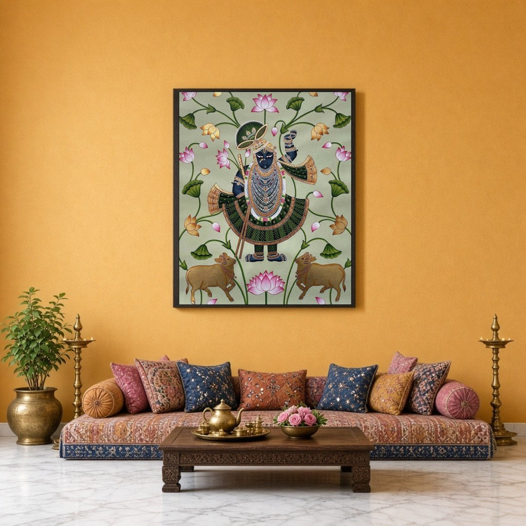 This captivating Pichwai artwork beautifully portrays Shrinathji amidst sacred blossoming lotuses for Sitting Lounge