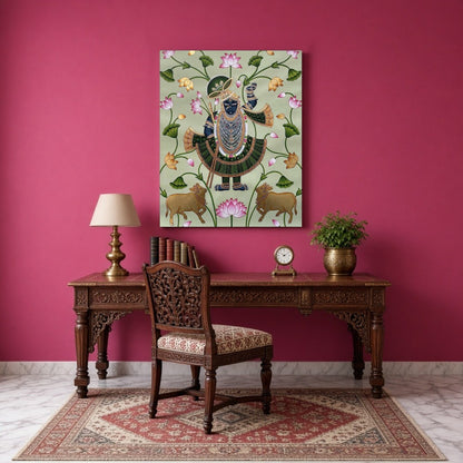 This captivating Pichwai artwork beautifully portrays Shrinathji amidst sacred blossoming lotuses for Study