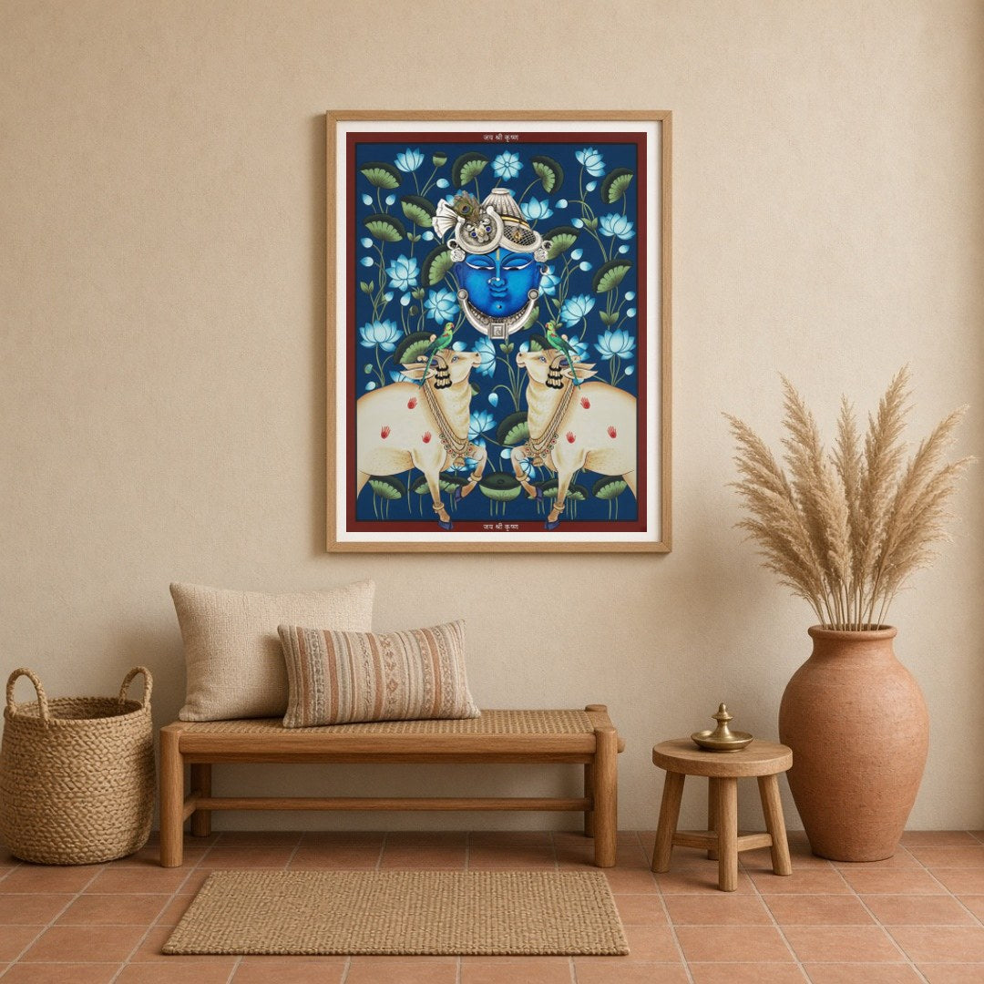 Immerse yourself in the spiritual tranquility of Pichwai art with this exquisite depiction of for Entrance