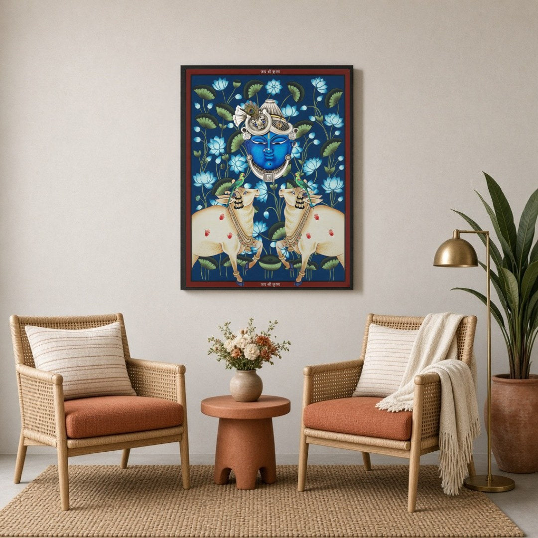 Immerse yourself in the spiritual tranquility of Pichwai art with this exquisite depiction of for Sitting Lounge
