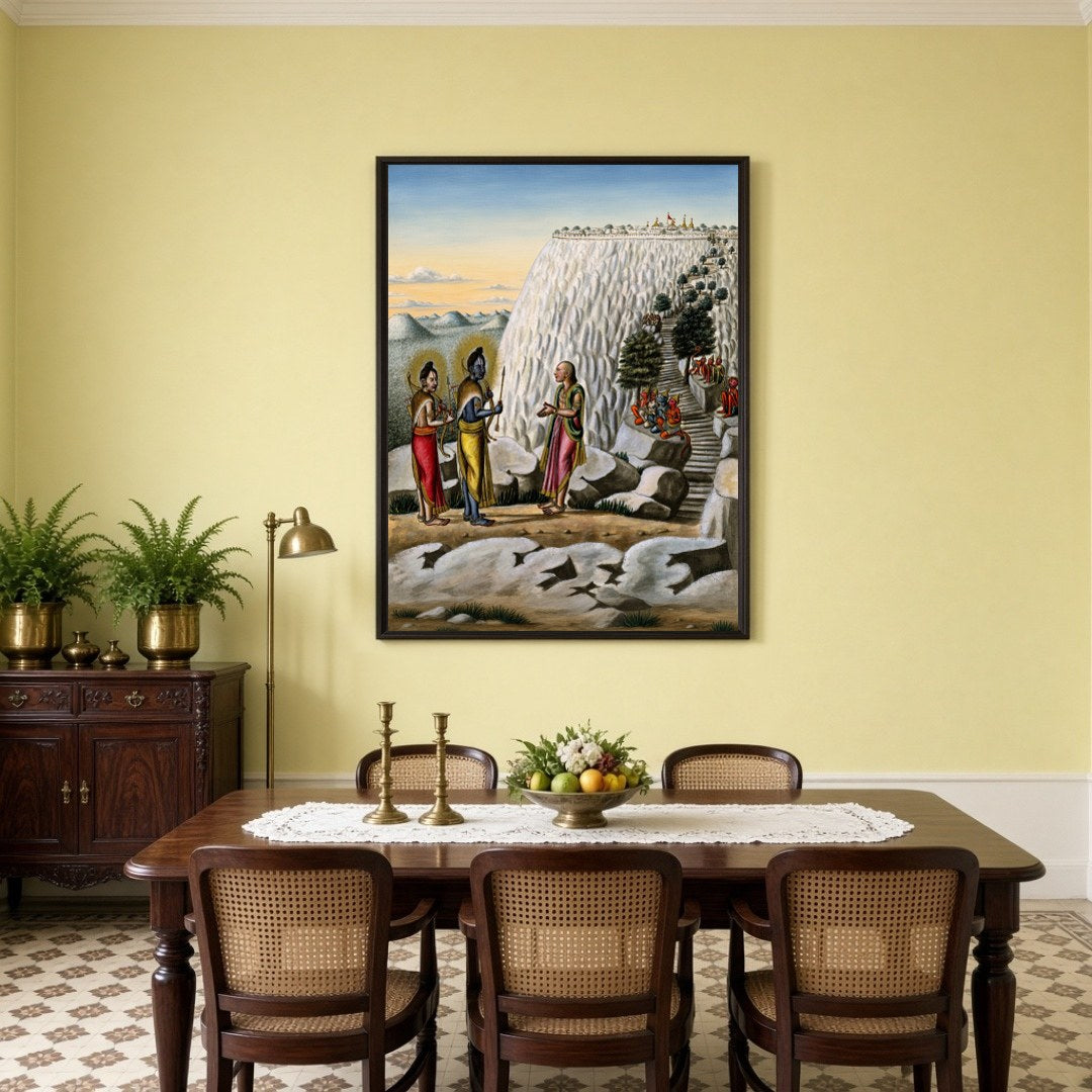 Immerse yourself in the sacred epic of Ramayana with this exquisite artwork, capturing Lord Rama for Dining