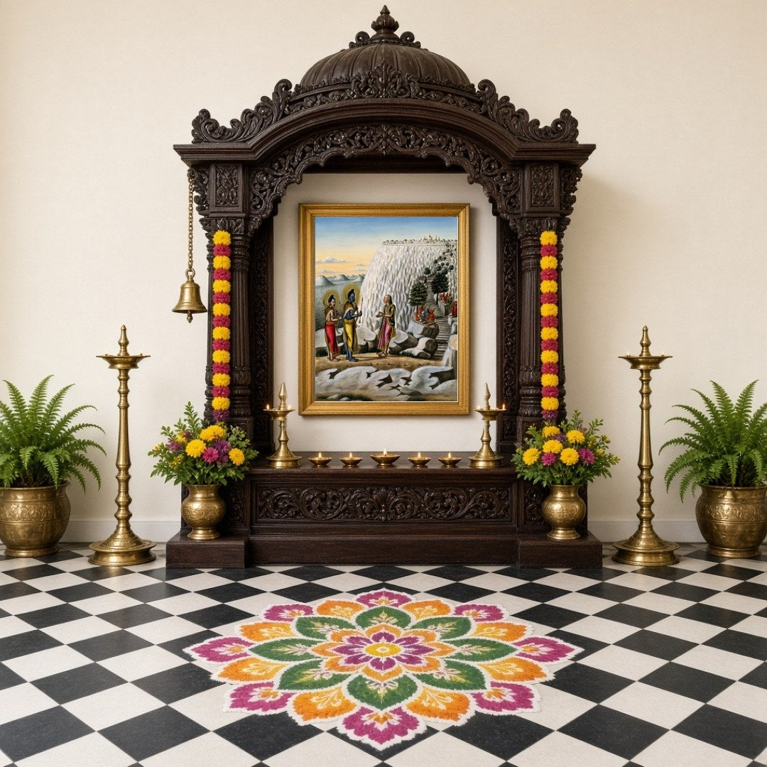 Immerse yourself in the sacred epic of Ramayana with this exquisite artwork, capturing Lord Rama for Home Temple