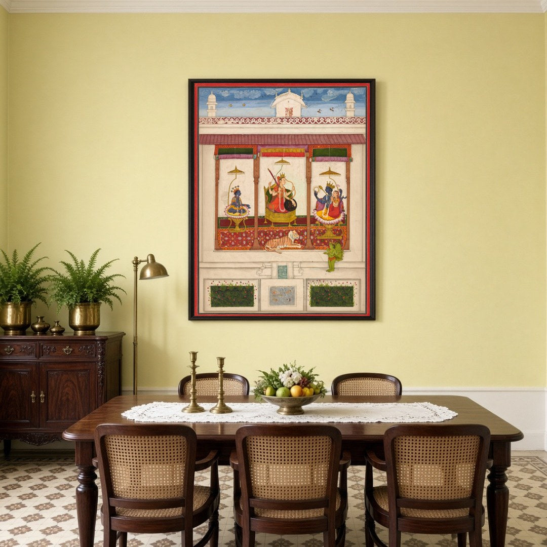 Experience the divine balance of power with this exquisite Indo-Mughal artwork depicting the cosmic for Dining