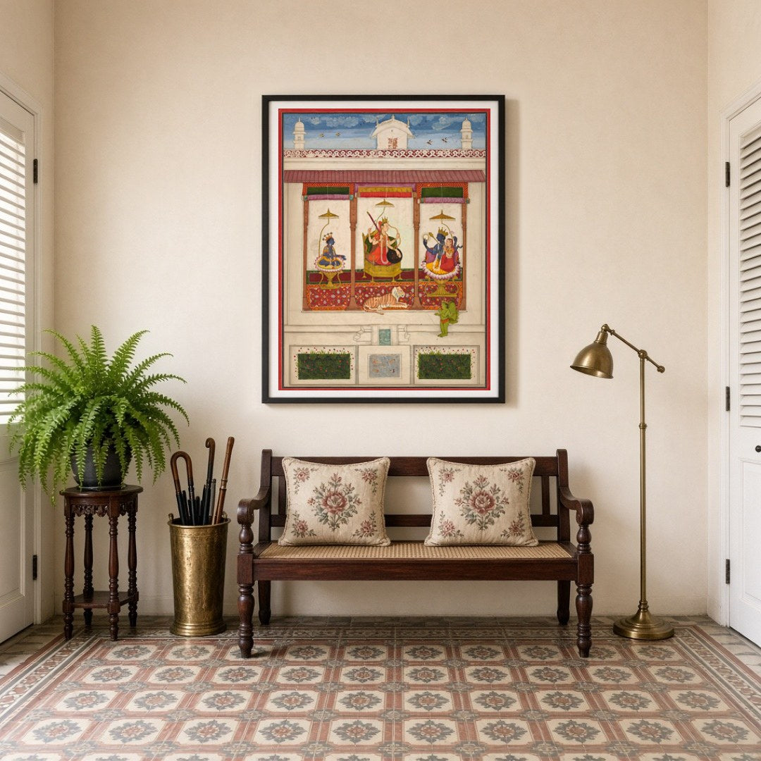 Experience the divine balance of power with this exquisite Indo-Mughal artwork depicting the cosmic for Entrance