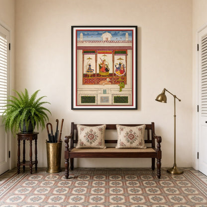 Experience the divine balance of power with this exquisite Indo-Mughal artwork depicting the cosmic for Entrance