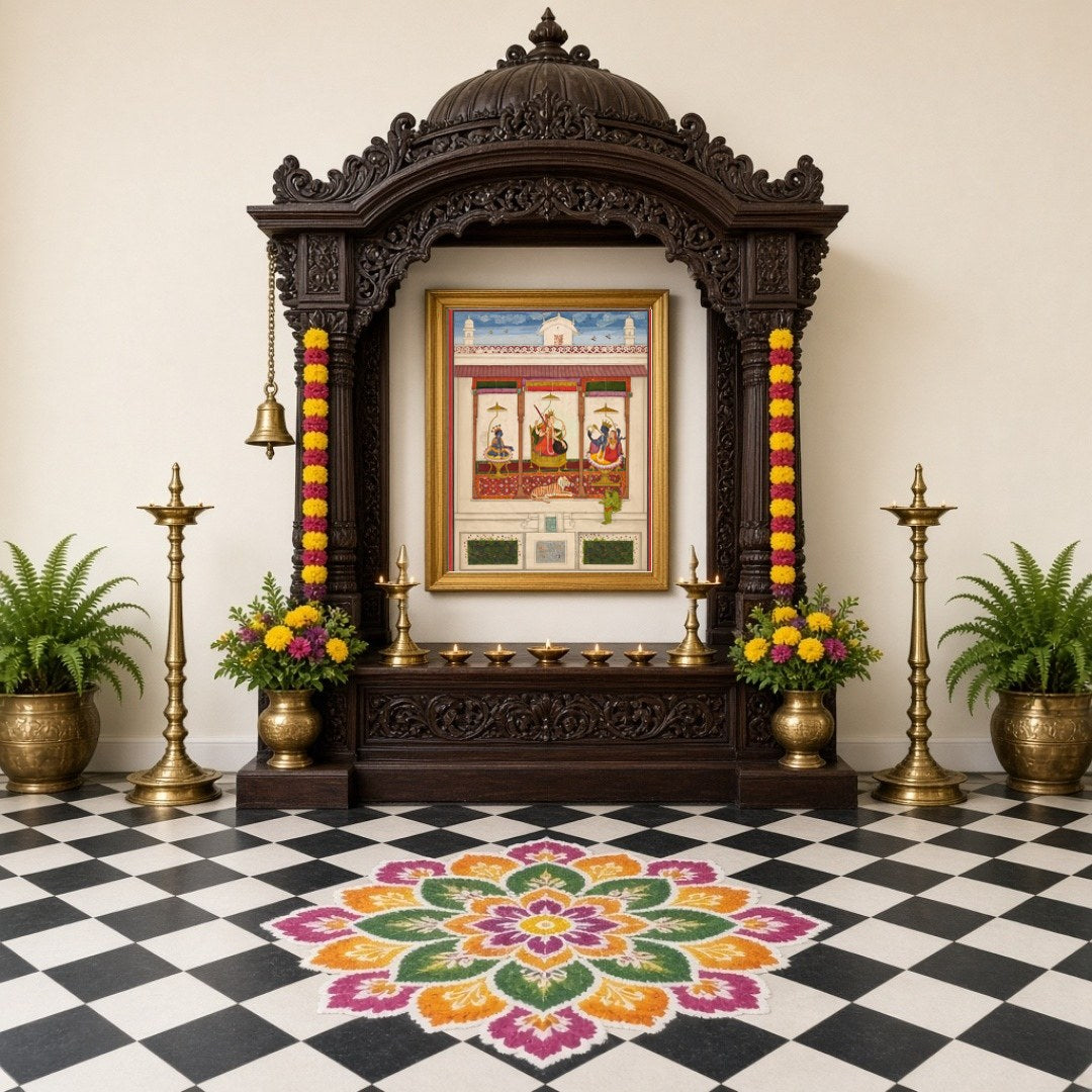 Experience the divine balance of power with this exquisite Indo-Mughal artwork depicting the cosmic for Home Temple