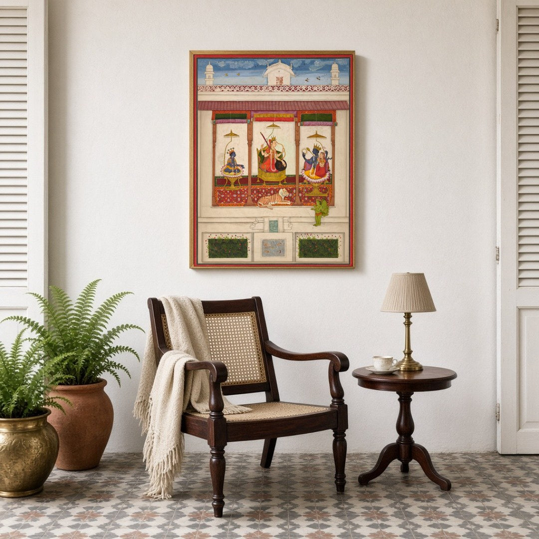 Experience the divine balance of power with this exquisite Indo-Mughal artwork depicting the cosmic for Sitting Lounge