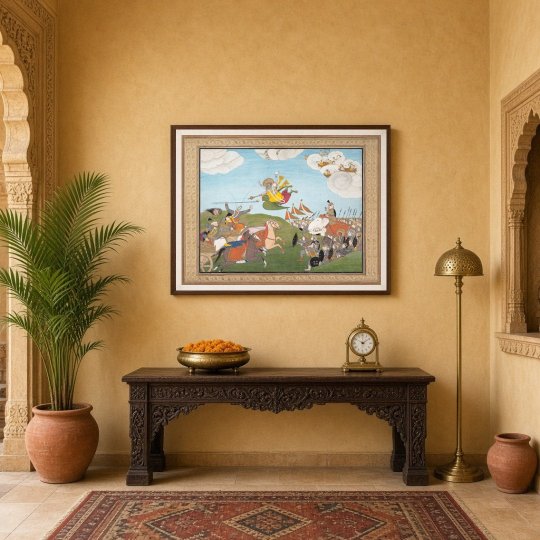 Experience the dynamic energy and rich storytelling of Indian mythology with this Pichwai art piece for Entrance