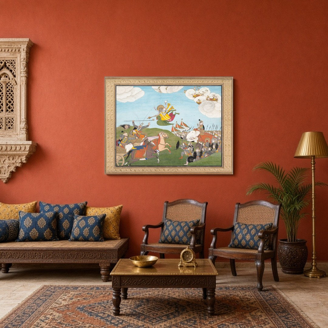 Experience the dynamic energy and rich storytelling of Indian mythology with this Pichwai art piece for Sitting Area