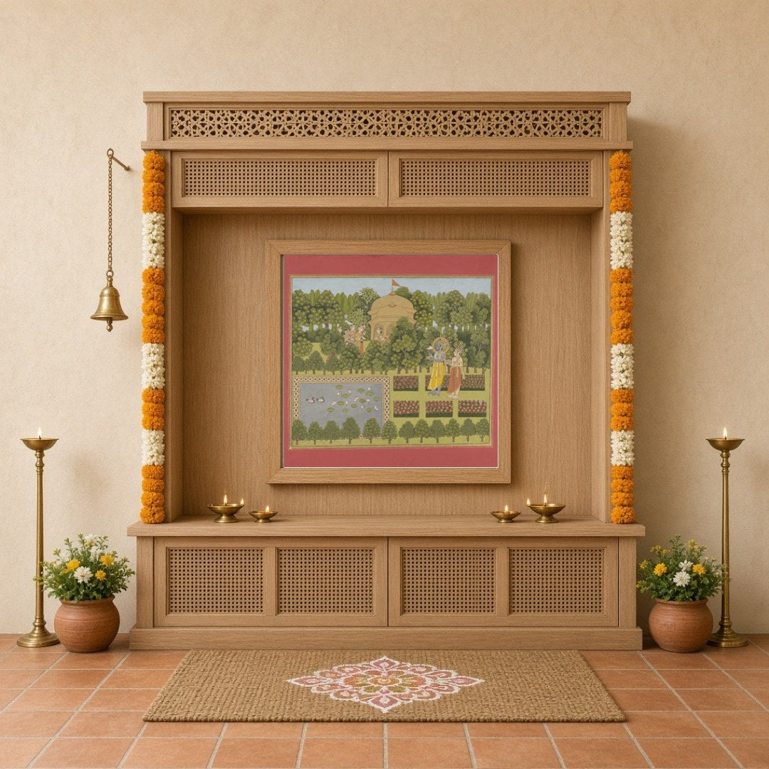 Immerse yourself in the serene beauty of this exquisite artwork, where Radha and Krishna grace a for Home Temple