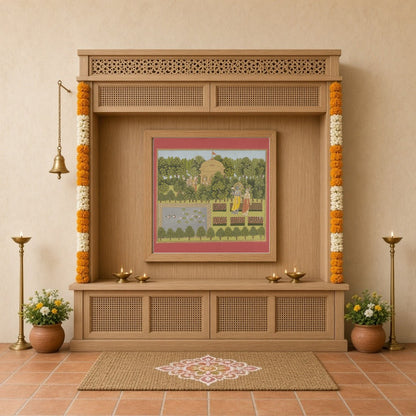 Immerse yourself in the serene beauty of this exquisite artwork, where Radha and Krishna grace a for Home Temple