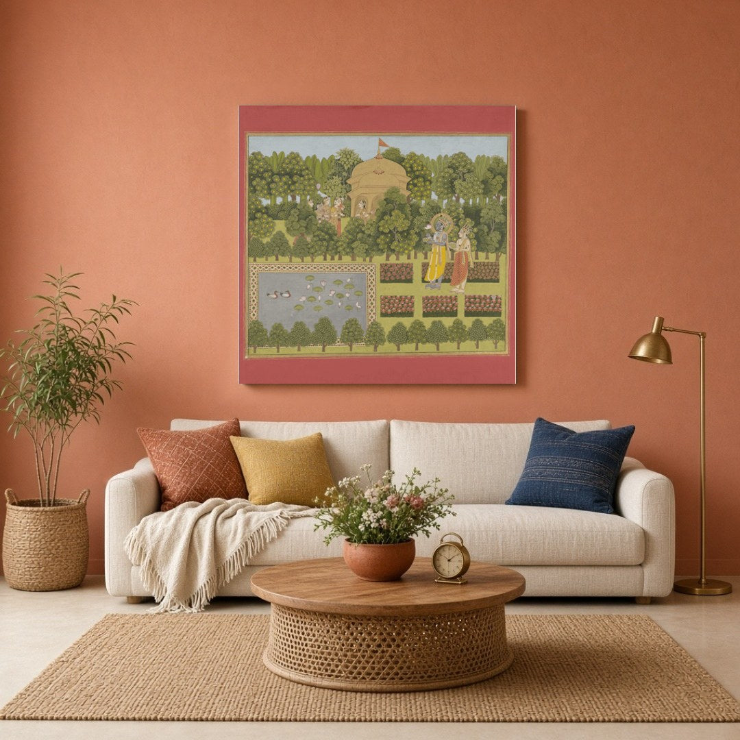 Immerse yourself in the serene beauty of this exquisite artwork, where Radha and Krishna grace a for Living Room