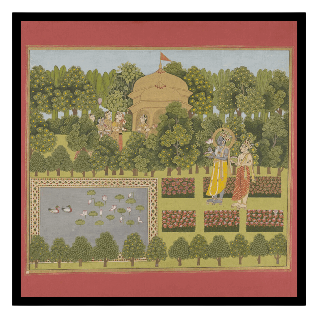 Immerse yourself in the serene beauty of this exquisite artwork, where Radha and Krishna grace a for sanctuary