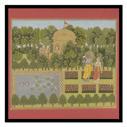 Immerse yourself in the serene beauty of this exquisite artwork, where Radha and Krishna grace a for sanctuary