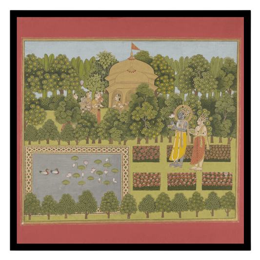 Immerse yourself in the serene beauty of this exquisite artwork, where Radha and Krishna grace a for sanctuary