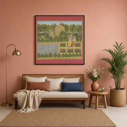 Immerse yourself in the serene beauty of this exquisite artwork, where Radha and Krishna grace a for Sitting Lounge
