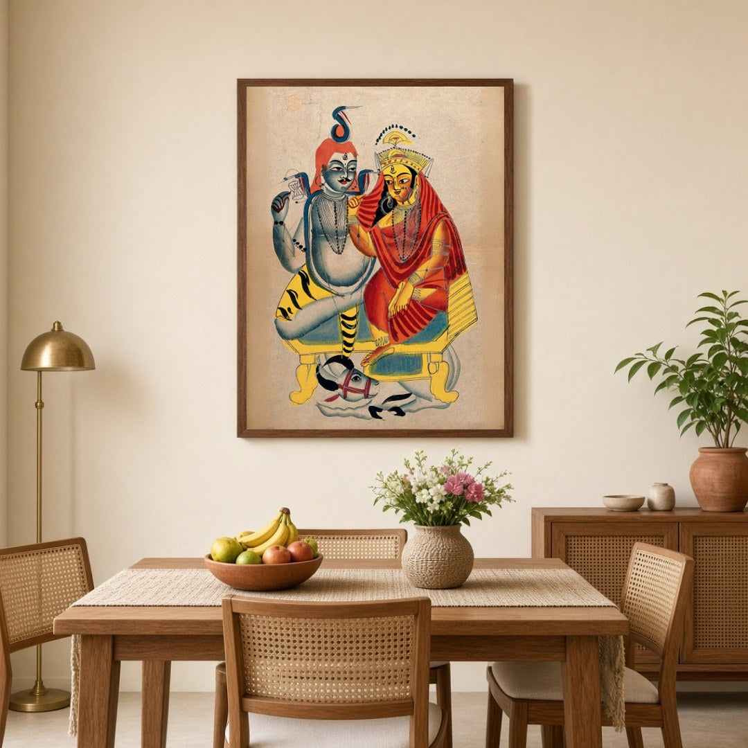 Immerse your space in spiritual harmony with this enchanting Kalighat artwork of Shiva and Parvati for Dining