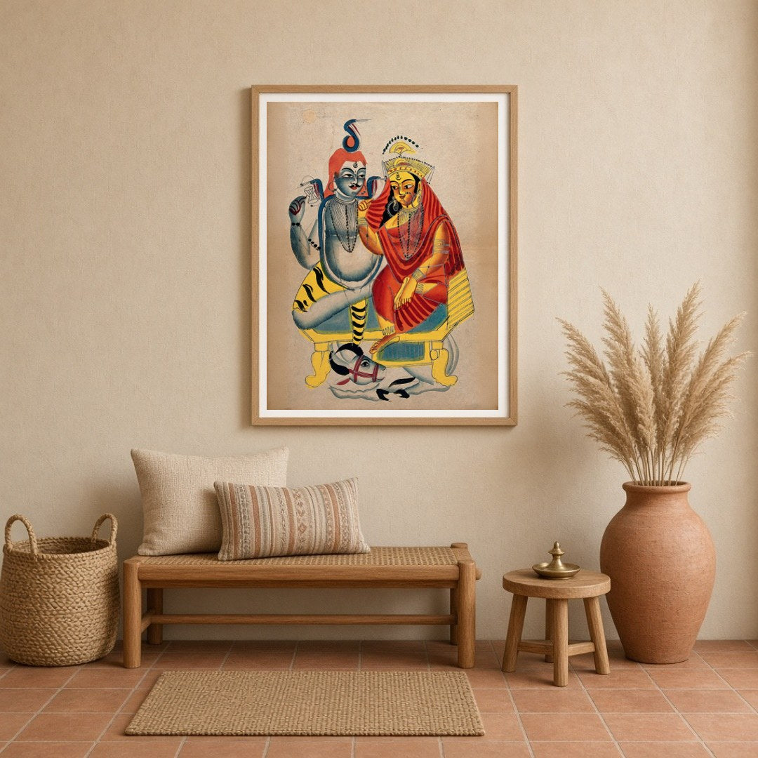 Immerse your space in spiritual harmony with this enchanting Kalighat artwork of Shiva and Parvati for Entrance