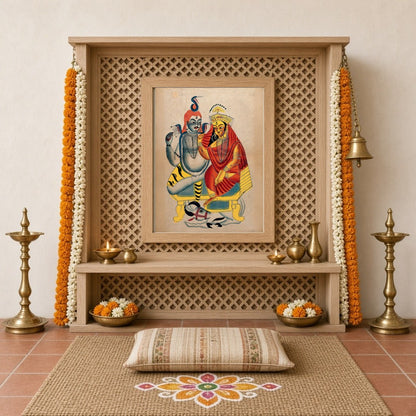 Immerse your space in spiritual harmony with this enchanting Kalighat artwork of Shiva and Parvati for Home Temple