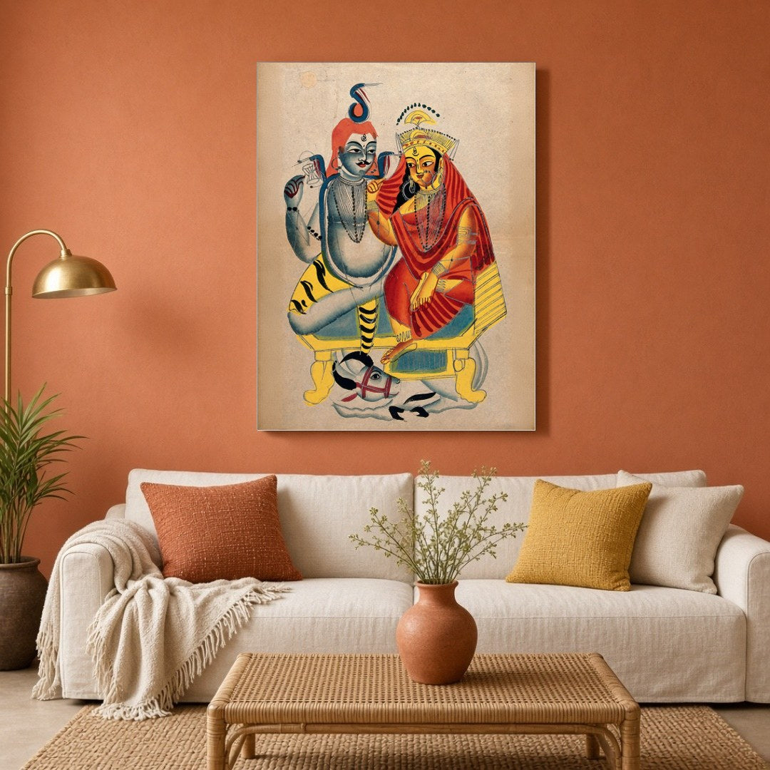 Immerse your space in spiritual harmony with this enchanting Kalighat artwork of Shiva and Parvati for Living Room