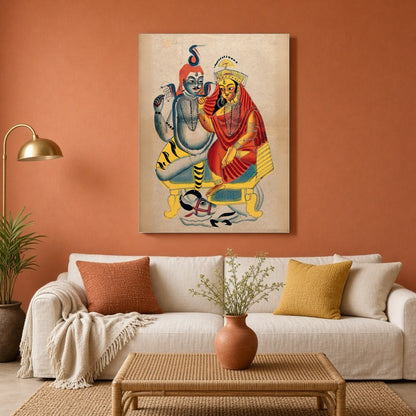 Immerse your space in spiritual harmony with this enchanting Kalighat artwork of Shiva and Parvati for Living Room