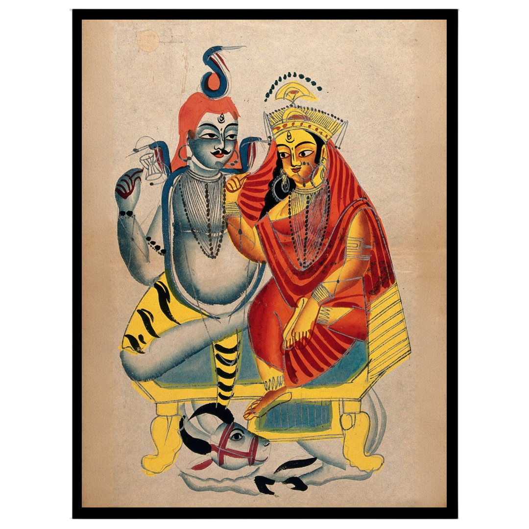 Immerse your space in spiritual harmony with this enchanting Kalighat artwork of Shiva and Parvati for office