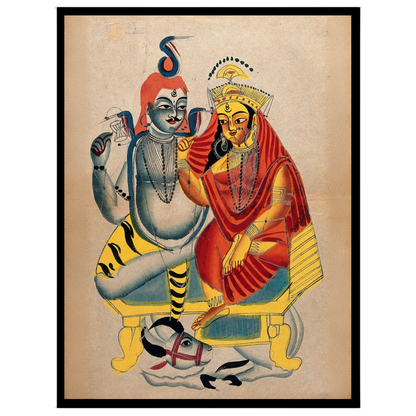 Immerse your space in spiritual harmony with this enchanting Kalighat artwork of Shiva and Parvati for office