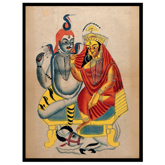 Immerse your space in spiritual harmony with this enchanting Kalighat artwork of Shiva and Parvati for office
