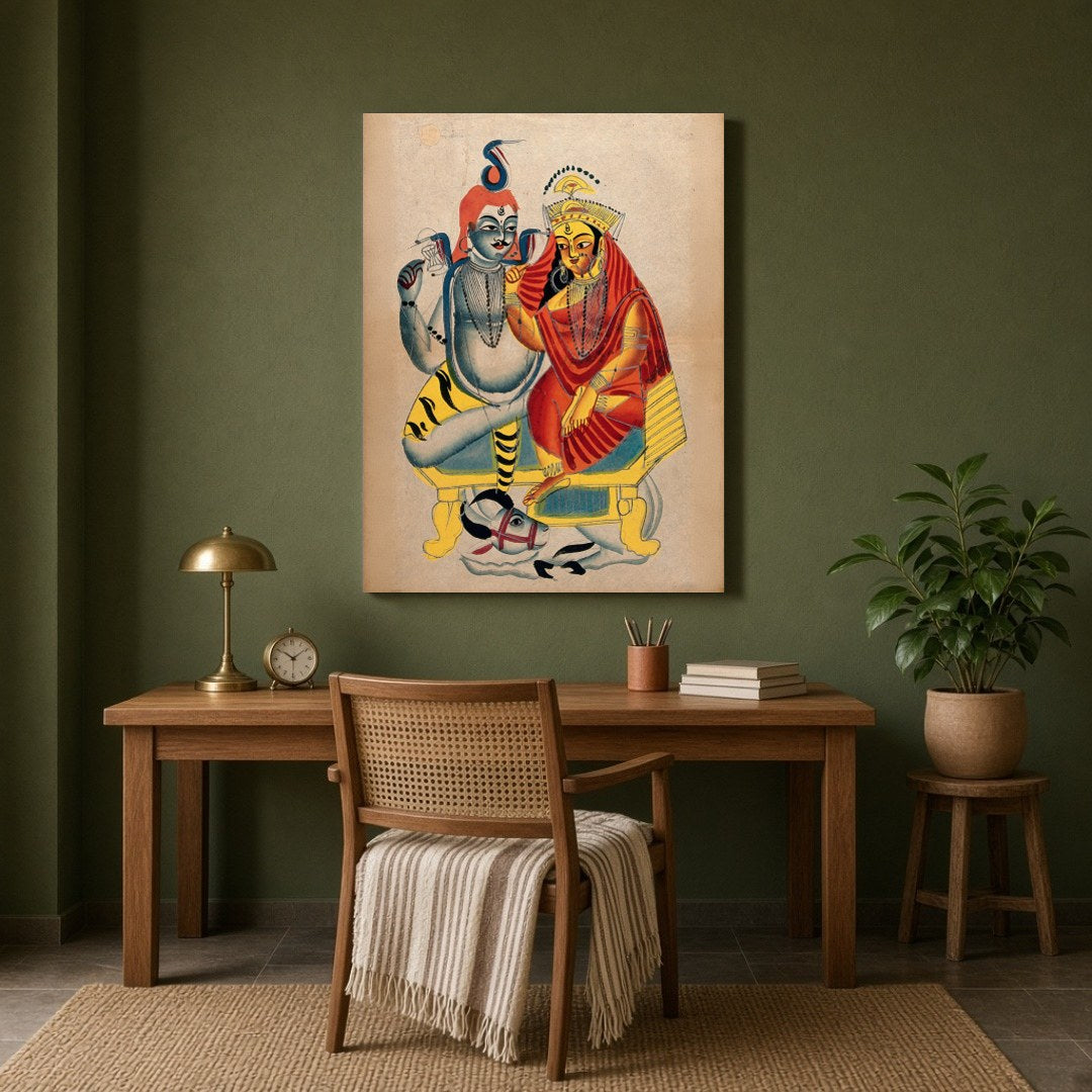 Immerse your space in spiritual harmony with this enchanting Kalighat artwork of Shiva and Parvati for Study
