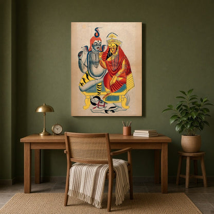 Immerse your space in spiritual harmony with this enchanting Kalighat artwork of Shiva and Parvati for Study