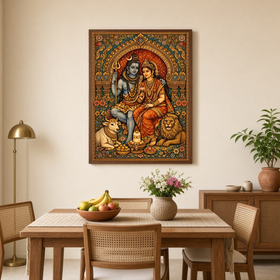 Immerse yourself in the celestial harmony of Lord Shiva and Parvati, captured in exquisite detail for Dining