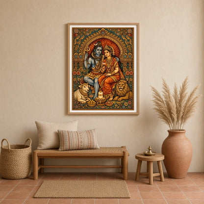Immerse yourself in the celestial harmony of Lord Shiva and Parvati, captured in exquisite detail for Entrance
