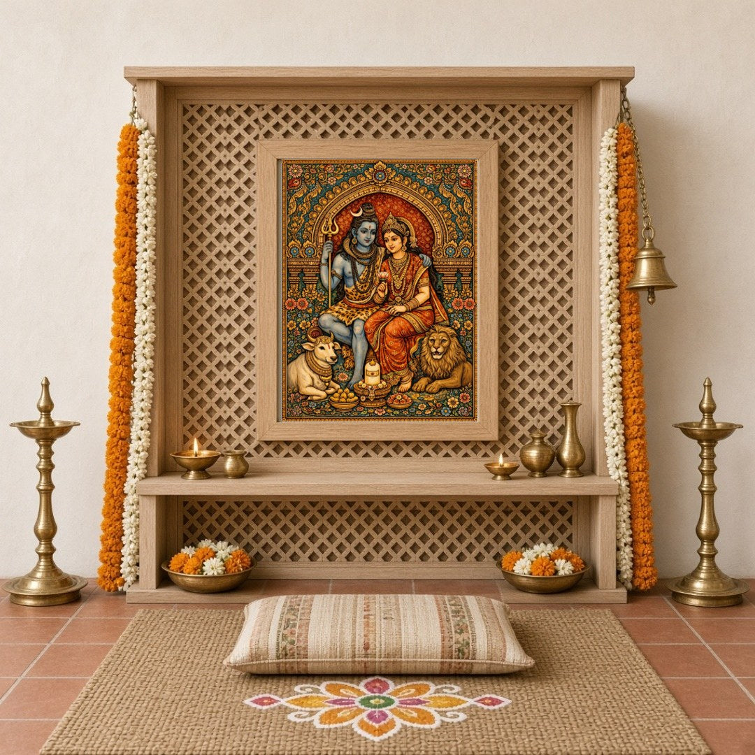 Immerse yourself in the celestial harmony of Lord Shiva and Parvati, captured in exquisite detail for Home Temple